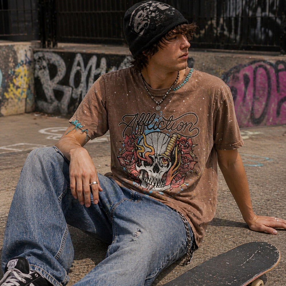 Black Label‎ Affliction Mens Skull Dagger Graphic T-Shirt Brown Distressed S